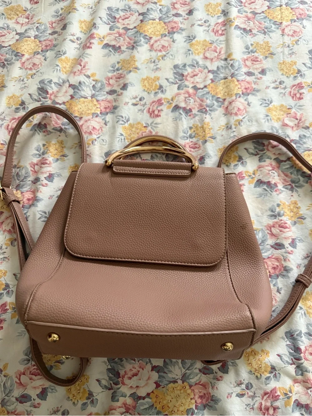 Structured Leather Backpack in Dusty Mauve with Gold Hardware